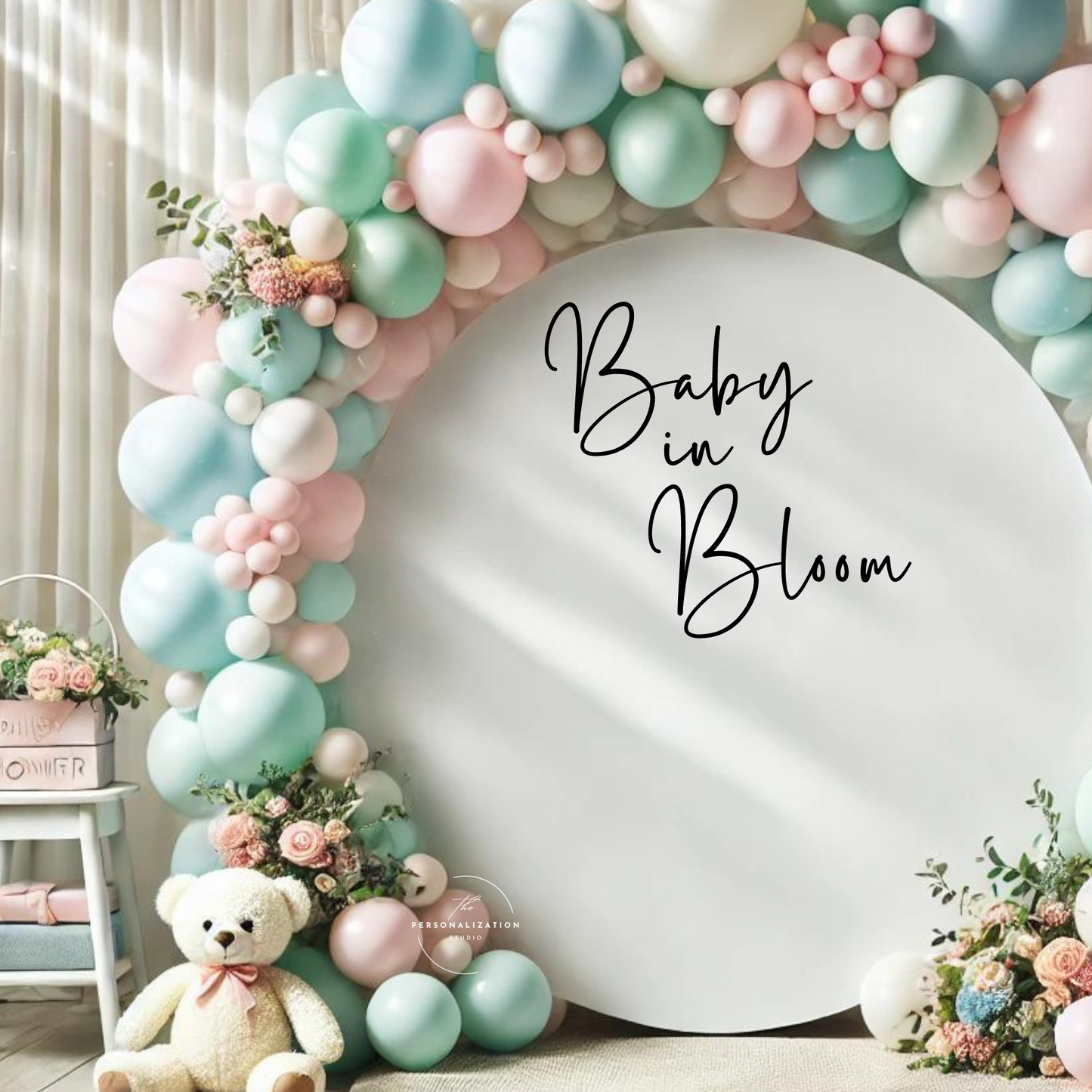 Baby in Bloom - Custom Baby Shower Backdrop Decal - Balloon Arch Decor - Personalised Baby Shower Vinyl Decal